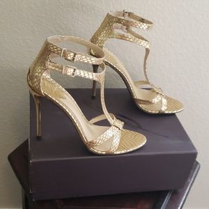 B By Brian Atwood Gold leather snake print heel